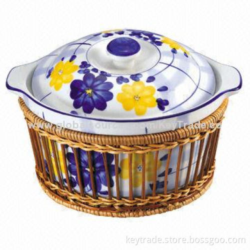 Fine Porcelain 7.5-11-inch Tureen with Basket, Hand Painted